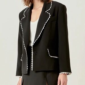 English Factory Black and White Rick Rack Trim Cropped Blazer Medium